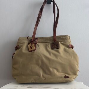 Dooney & Bourke Victoria Khaki Green Nylon Brown Leather Trims Shoulder Bag